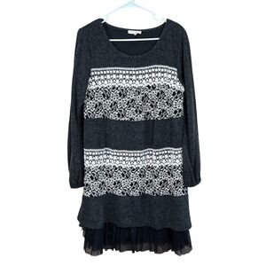 RYU Womens Embroidered Lace Ruffle Sweater Dress in Charcoal‎ Size Large